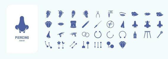 Collection of icons related to Piercing, including icons like Ear piercing, Nose, Ring and more vector