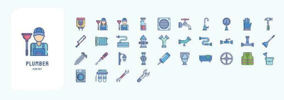 Collection of icons related to Plumber, including icons like Boiler, Cleaner, Faucet, Drainage and more vector