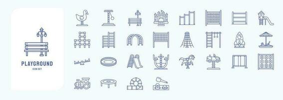 Collection of icons related to Playground, including icons like Ball Pool, Chin Up bar, Jumping Bar, Rings, See saw and more vector