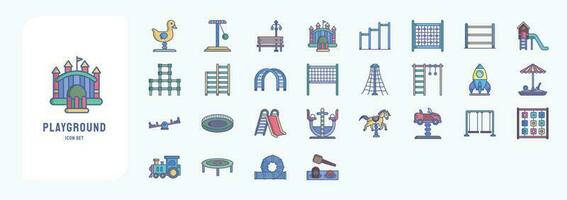 Collection of icons related to Playground, including icons like Ball Pool, Chin Up bar, Jumping Bar, Rings, See saw and more vector