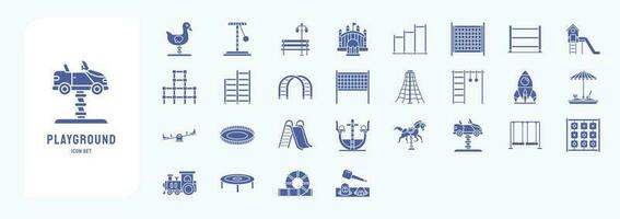 Collection of icons related to Playground, including icons like Ball Pool, Chin Up bar, Jumping Bar, Rings, See saw and more vector