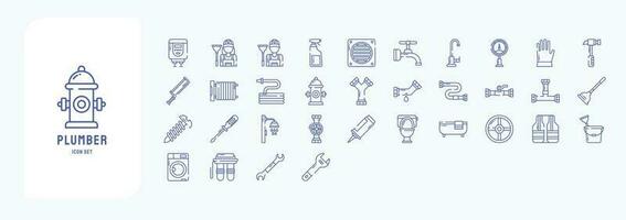 Collection of icons related to Plumber, including icons like Boiler, Cleaner, Faucet, Drainage and more vector