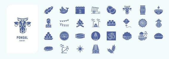 Collection of icons related to Pongal, including icons like Cow, Diya, Kite and more vector