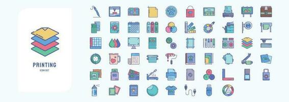 Collection of icons related to Printing and binding, including icons like Art board, 3d Printer, Badges, Banner and more vector