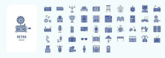 Collection of icons related to Retro style 80c objects, including icons like Camara, Camper van, Car, Clock and more vector