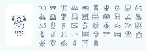 Collection of icons related to Retro style 80c objects, including icons like Camara, Camper van, Car, Clock and more vector