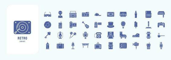 Collection of icons related to Retro objects, including icons like Alien, boombox, camera, Cassette, Donut and more vector