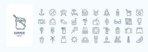 Collection of icons related to Summer and Holiday, including icons like Anchor, Ball, Bbq, Beach Chair and more vector