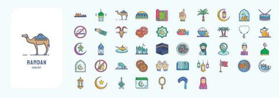 Collection of icons related to Ramadan, including icons like Iftar, Masque, Pray and more vector