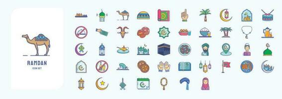 Collection of icons related to Ramadan, including icons like Iftar, Masque, Pray and more vector