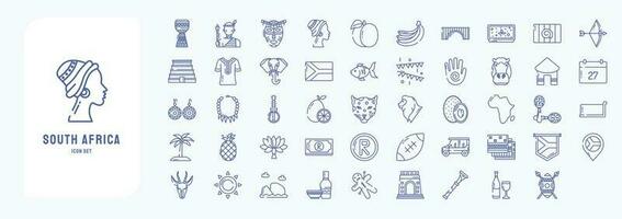 Collection of icons related to South Africa, including icons like African Man, African Woman, Elephant, Hippo and more vector