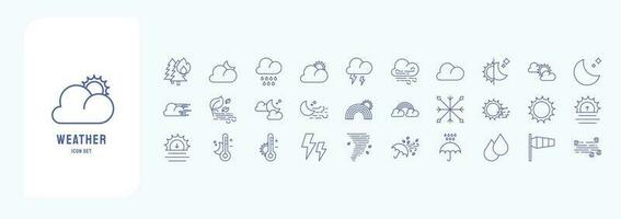 Collection of icons related to weather forecast, including icons like Thunder, Rain, Wind, Temperature and more vector