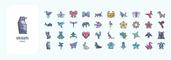 colección de íconos relacionado a origami, incluso íconos me gusta pájaro, bote, mariposa, gato y más vector