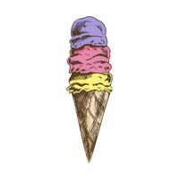 un dibujado a mano de colores bosquejo de un gofre cono hielo crema. Clásico ilustración. elemento para el diseño de etiquetas, embalaje y postales vector