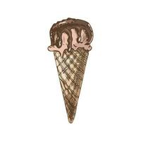 A hand-drawn colored sketch of a waffle cone ice cream. Vintage illustration. Element for the design of labels, packaging and postcards. vector