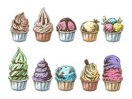 A hand-drawn colored sketch of ice cream balls, frozen yoghurt or cupcakes in cups. Set. Vintage illustration. Element for the design of labels, packaging and postcards. vector