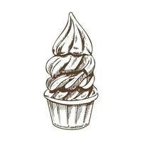 A hand-drawn sketch of frozen yogurt or soft ice cream in a cup. Vintage illustration. Element for the design of labels, packaging and postcards. vector