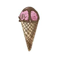 A hand-drawn colored sketch of a waffle cone ice cream. Vintage illustration. Element for the design of labels, packaging and postcards. vector