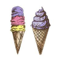 A hand-drawn colored sketch of a waffle cones with frozen yogurt or soft ice cream. Vintage illustration. Element for the design of labels, packaging and postcards. vector