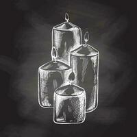 Hand drawn sketch of burning candles. Vector illustration of a vintage style  isolated on chalkboard background. Halloween or Christmas drawing.