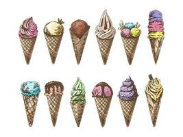 A hand-drawn colored  sketch of a waffle cones with ice cream or frozen yoghurt. Vintage illustration. Set. Element for the design of labels, packaging and postcards. vector