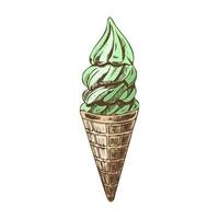 A hand-drawn colored sketch of a waffle cone with frozen yogurt or soft ice cream. Vintage illustration. Element for the design of labels, packaging and postcards. vector