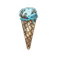 A hand-drawn colored sketch of a waffle cone ice cream. Vintage illustration. Element for the design of labels, packaging and postcards. vector