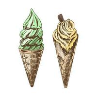 A hand-drawn colored sketch of a waffle cones with frozen yogurt or soft ice cream. Vintage illustration. Element for the design of labels, packaging and postcards. vector