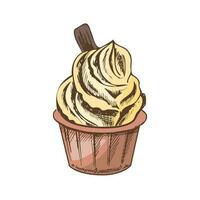 A hand-drawn colored sketch of frozen yogurt or soft ice cream in a cup. Vintage illustration. Element for the design of labels, packaging and postcards. vector