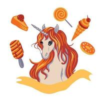 A white unicorn with sweets ice cream, cheesecake, lollipop, donut. Vector illustration for children's design. Labels, album covers, notebooks, holiday banners. Cute fantasy animal.