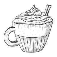 A cup of coffee latte or cappuccino with cream and a cinnamon stick. Isolated vector sketch illustration.