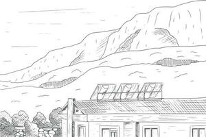 Landscape with a house on the background of mountains and forest, black and white illustration in sketch style. vector