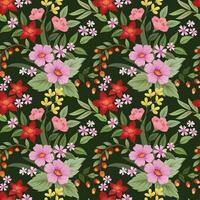 Blooming red pink and yellow flower on dark green color background vector