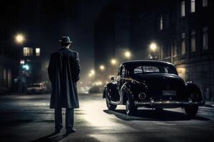 Silhouette of man in old fashioned hat and coat at night street. photo