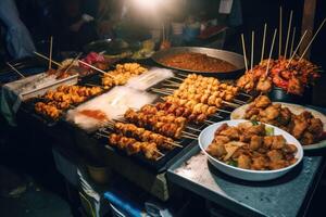 Asian street food. Traditional oriental dishes at street market. photo