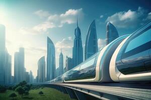 Futuristic high speed train in city. photo