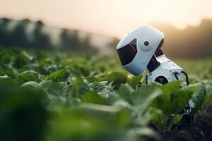 Unmanned robot working in agricultural field. photo