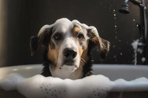 Washing pet. Cute dog in bath with shampoo foam. photo