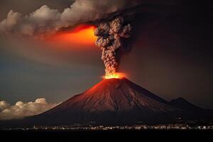 volcán erupción. lava fluye fuera de el volcán cráter. generativo ai foto