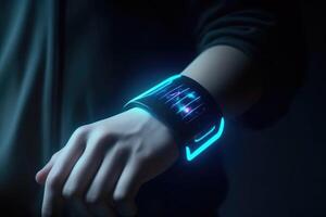 Futuristic smart watch on human hand. Generqative AI photo