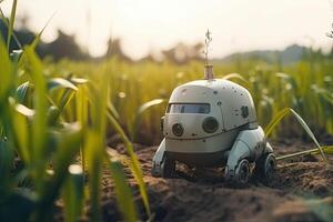 Unmanned robot working in agricultural field. photo