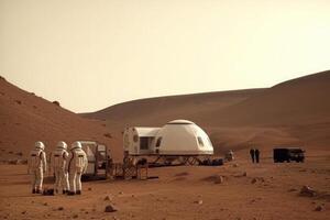 astronautas vistiendo espacio trajes caminando en rojo planeta. generativo ai foto