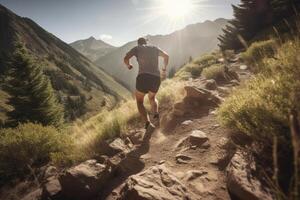 Trail running in mountain landscape. photo