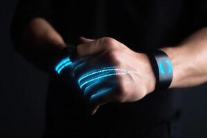 Futuristic smart watch on human hand. Generqative AI photo