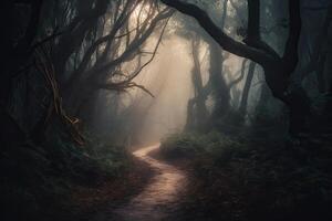 Mystical forest landscape with trees. photo