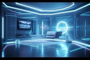 Futuristic room interior with glowing lines. photo