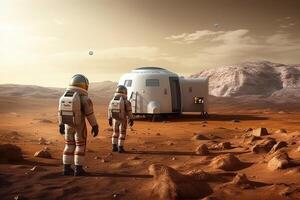 Astronauts wearing space suits walking on red planet. photo