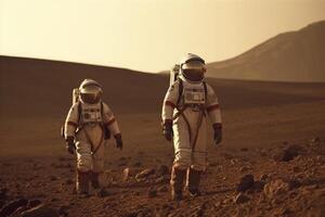 Astronauts wearing space suits walking on red planet. photo