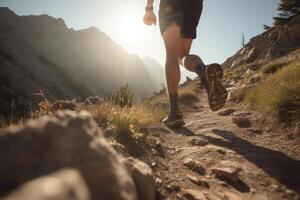 Trail running in mountain landscape. photo