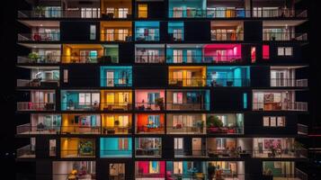 Front view of building facade with colorful windows at night. photo